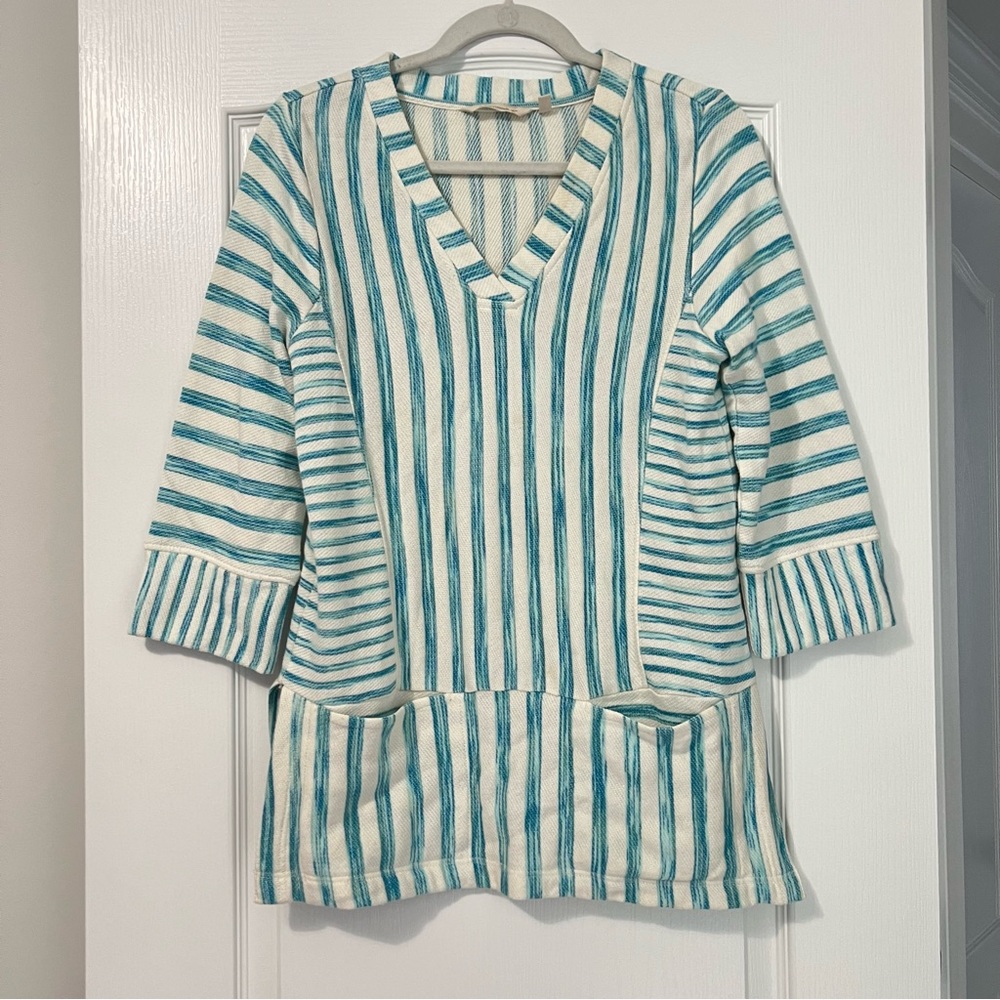 Soft Surroundings Turquoise Blue and Cream Striped Long Sleeve Tunic